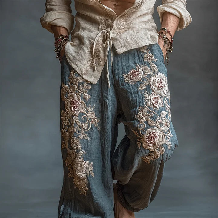 Men's Vintage Roses Embroidered Drawstring Wide Leg Linen Pants