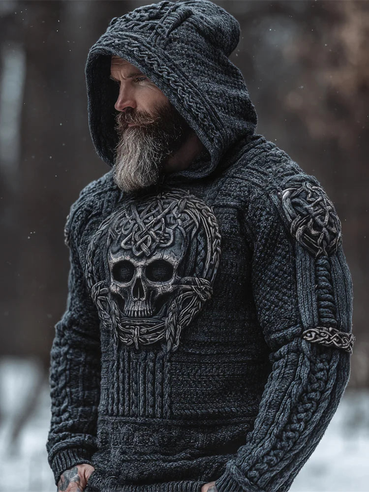 Viking Skull Men's Chunky Knit Hooded Sweater