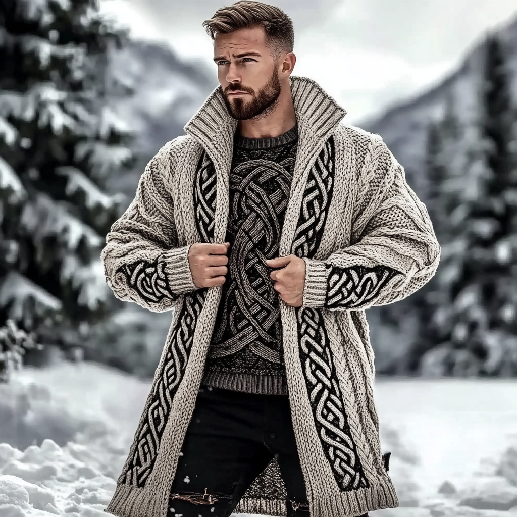 Men's Viking Celtic Jacquard Knit Warm And Comfortable Basic Cardigan Sweater