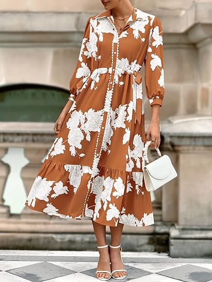 Womens 3/4 Sleeve Floral Maxi Shirt Dress