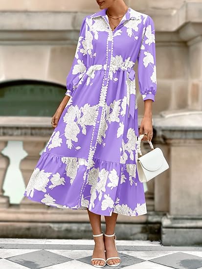 Womens 3/4 Sleeve Floral Maxi Shirt Dress
