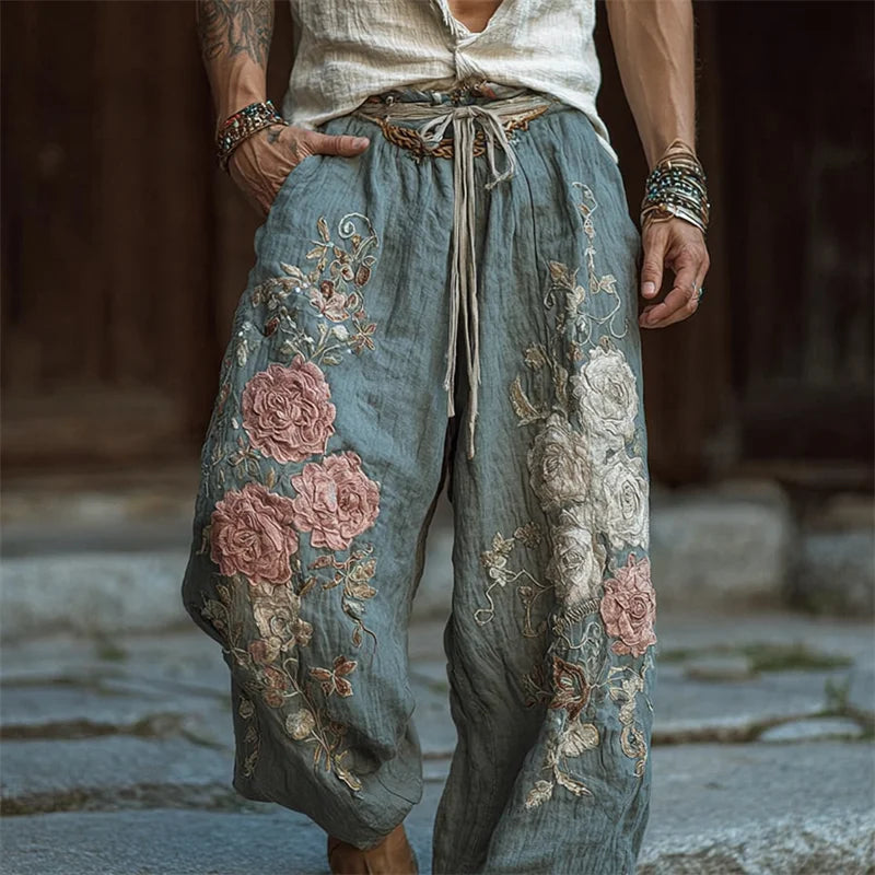 Men's Boho Roses Floral Embroidered Wide Leg Linen Pants