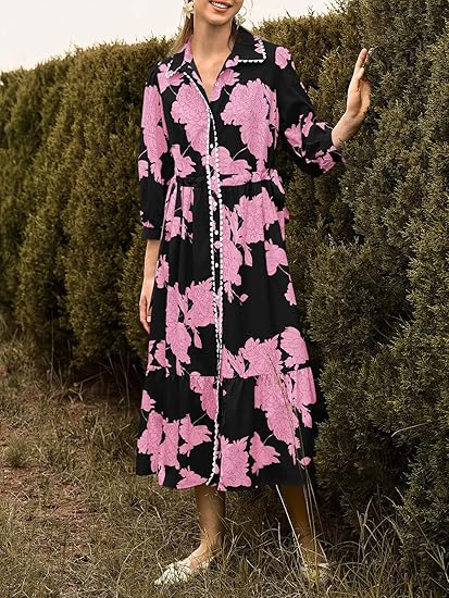 Womens 3/4 Sleeve Floral Maxi Shirt Dress
