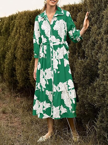 Womens 3/4 Sleeve Floral Maxi Shirt Dress