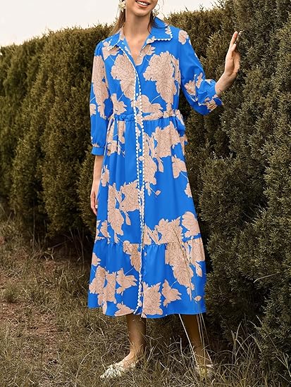 Womens 3/4 Sleeve Floral Maxi Shirt Dress