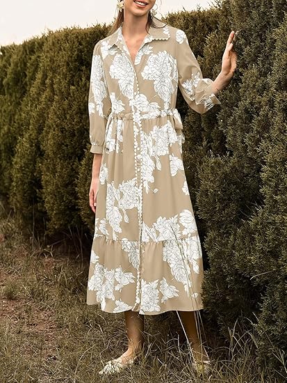 Womens 3/4 Sleeve Floral Maxi Shirt Dress