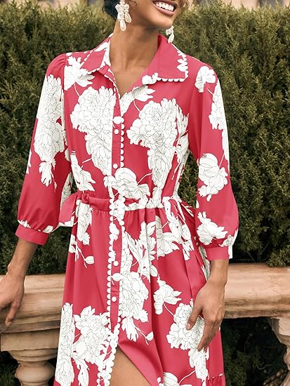 Womens 3/4 Sleeve Floral Maxi Shirt Dress