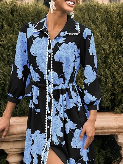 Womens 3/4 Sleeve Floral Maxi Shirt Dress