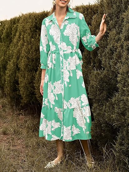 Womens 3/4 Sleeve Floral Maxi Shirt Dress