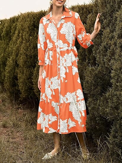 Womens 3/4 Sleeve Floral Maxi Shirt Dress