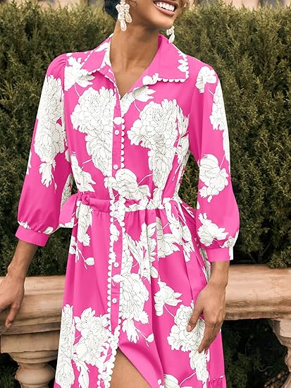 Womens 3/4 Sleeve Floral Maxi Shirt Dress