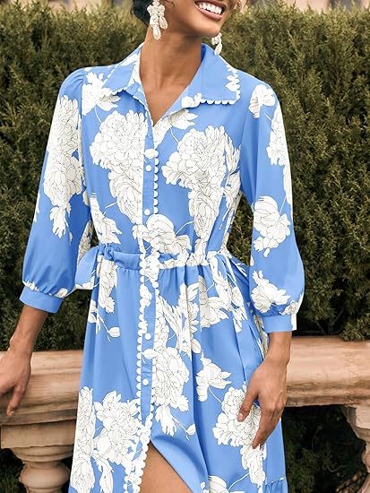 Womens 3/4 Sleeve Floral Maxi Shirt Dress