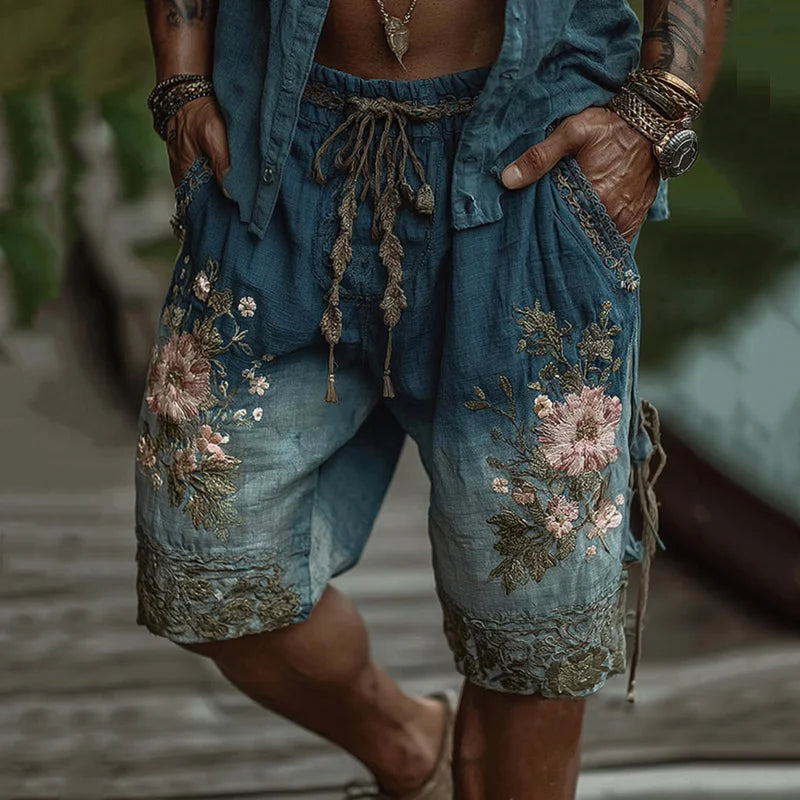 Men's Vintage Floral Embroidered Linen Blend Casual Shorts