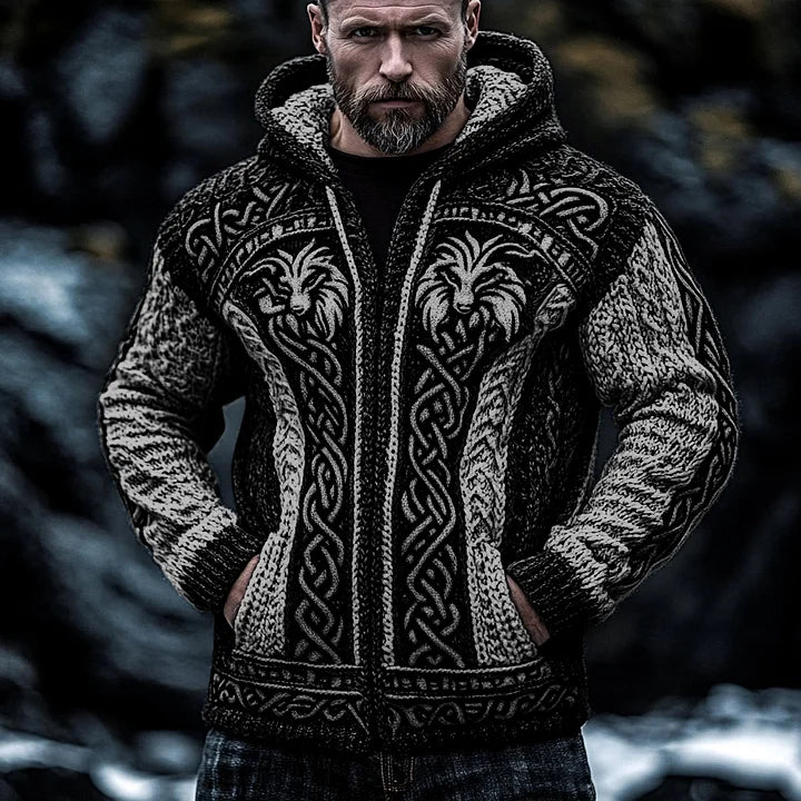 Men's Viking Wolf Style Celtic Thick Zip Hooded Sweater