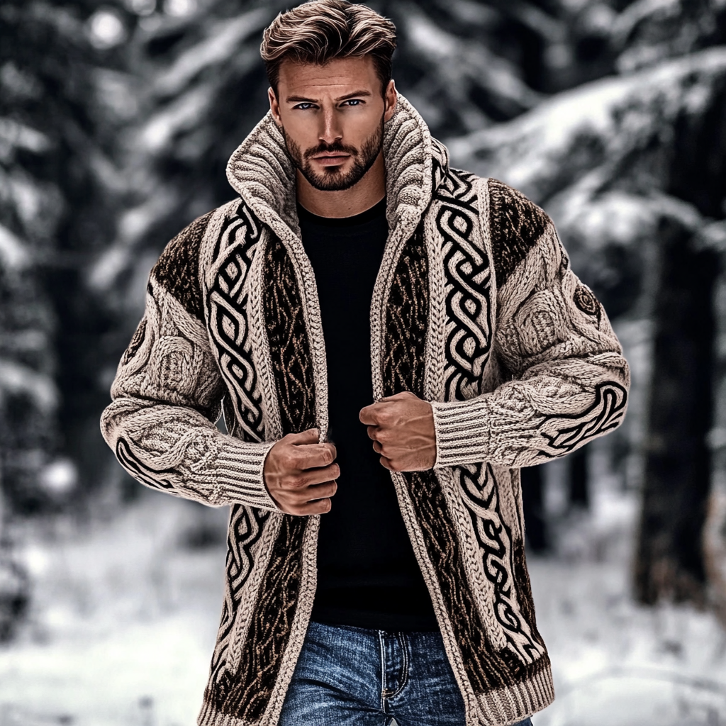 Men's Vintage Celtic Knot Jacquard Chunky Knit Cozy Mid-length Cardigan Sweater
