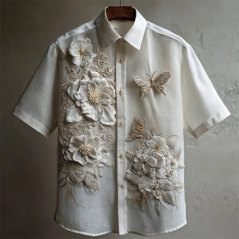 Men's Butterfly & Blooming Flowers Embroidered Linen Shirt