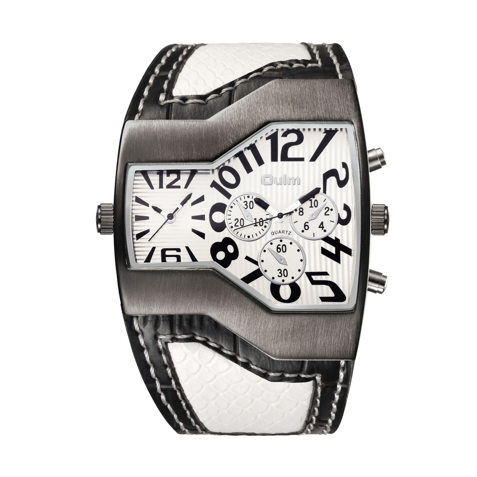 Dual time zone fashionable large dial leather belt men's watch
