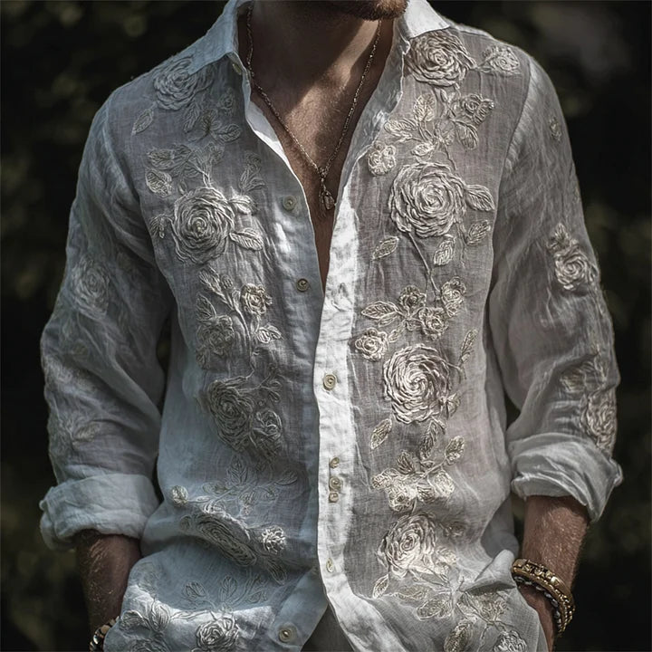 Men's Vintage White Roses Embroidered Flowy Linen Shirt