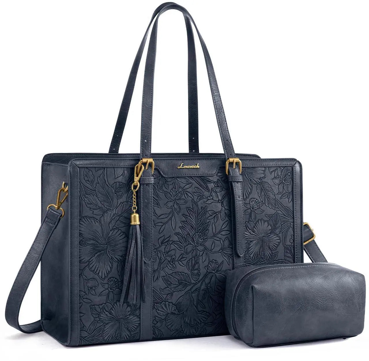 Vintage Embossed Leather Laptop Tote, 15.6" 17.3"
