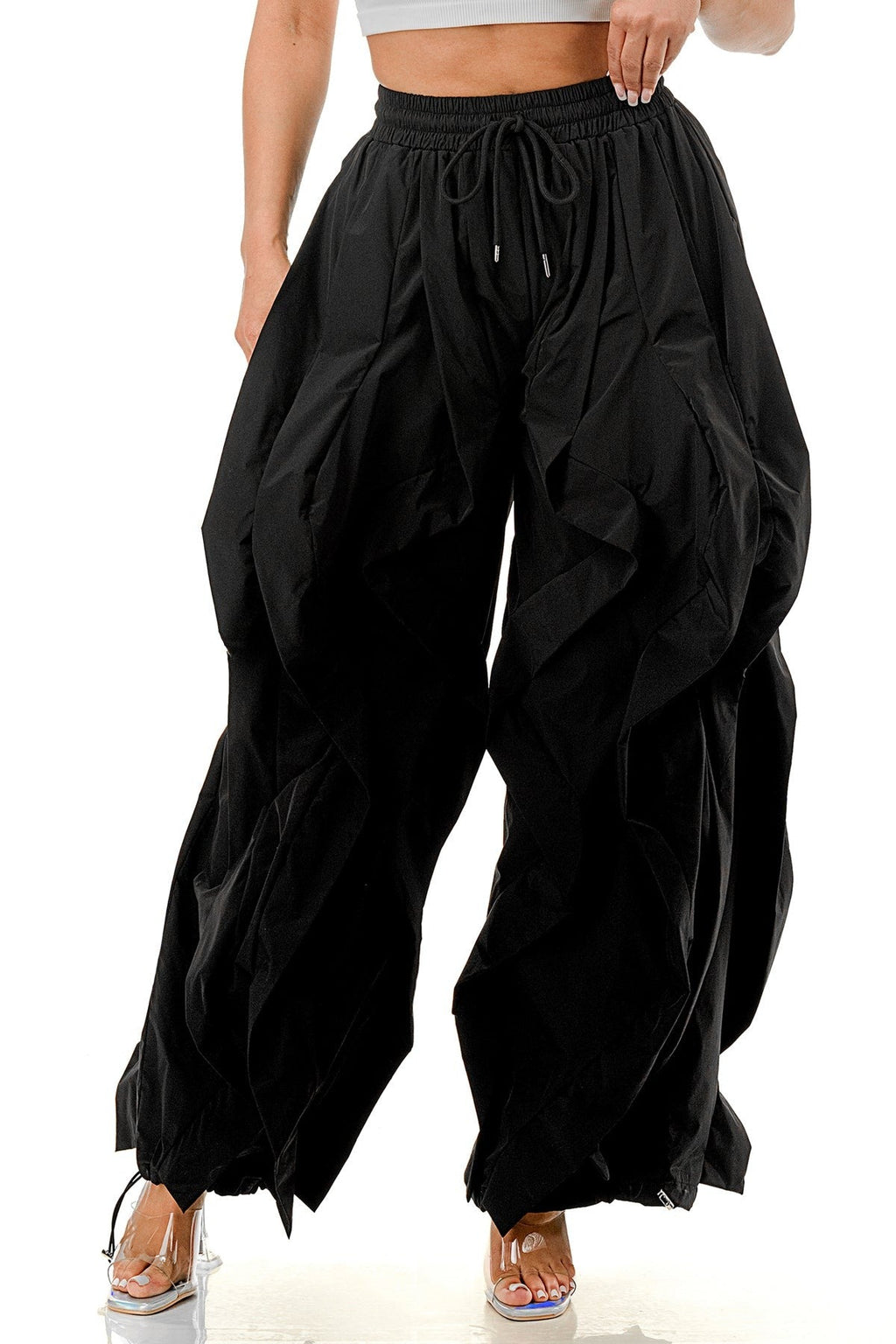 Wavy Oversized Wide Leg Ruffle Drawstring Elastic Waist Jogger Pants