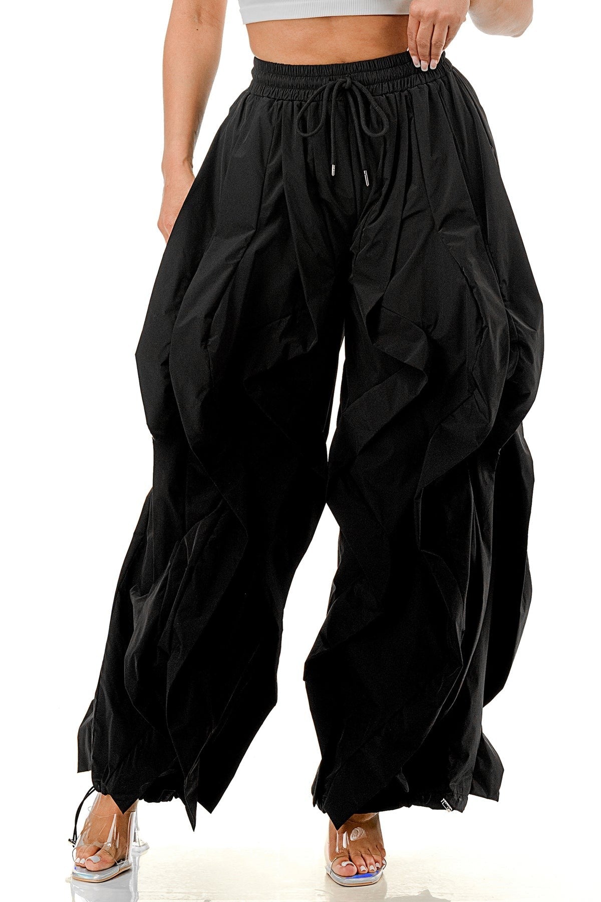 Wavy Oversized Wide Leg Ruffle Drawstring Elastic Waist Jogger Pants