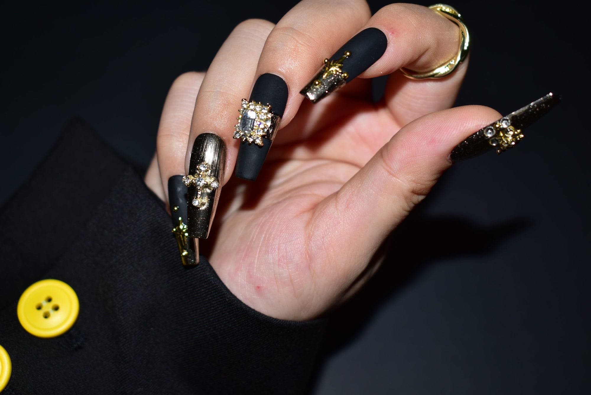 Dark Ages Splendor | Black Matte Nails With Rhinestones