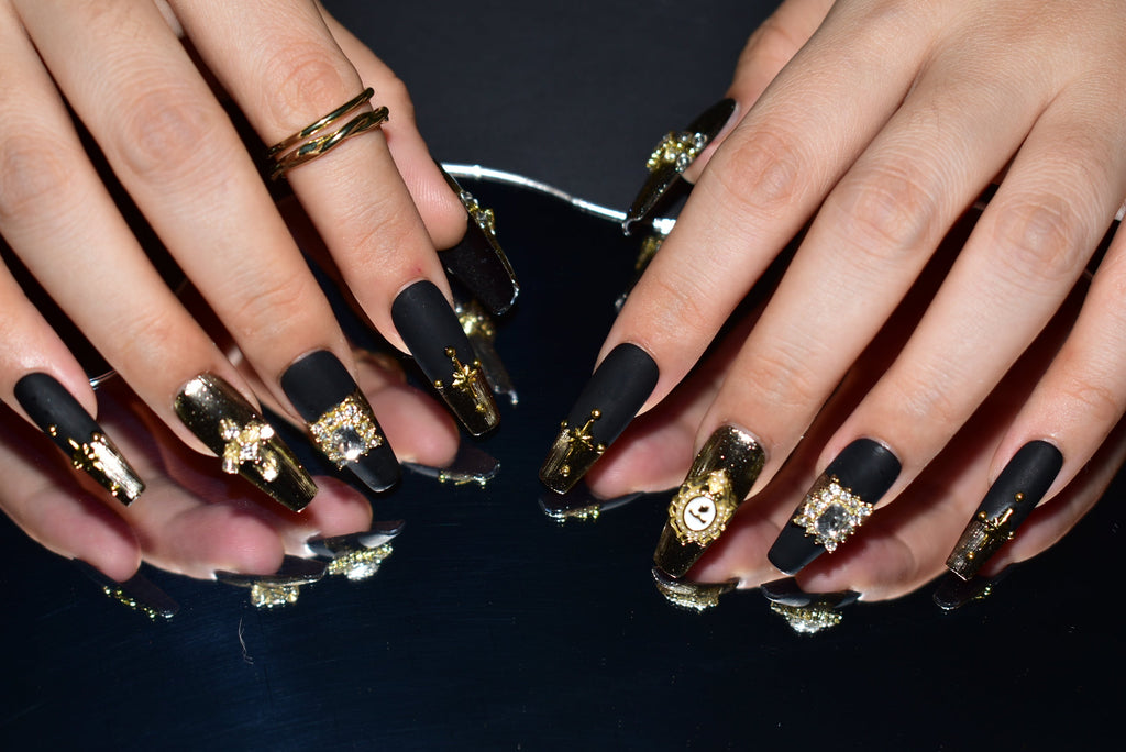 Dark Ages Splendor | Black Matte Nails With Rhinestones