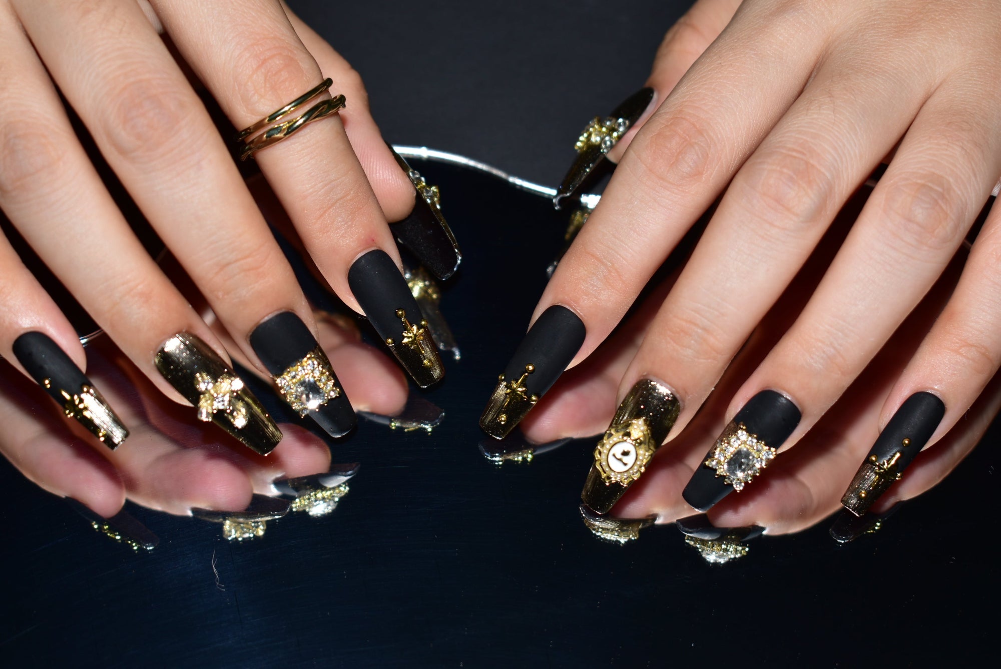 Dark Ages Splendor | Black Matte Nails With Rhinestones