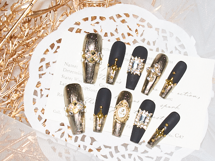 Dark Ages Splendor | Black Matte Nails With Rhinestones