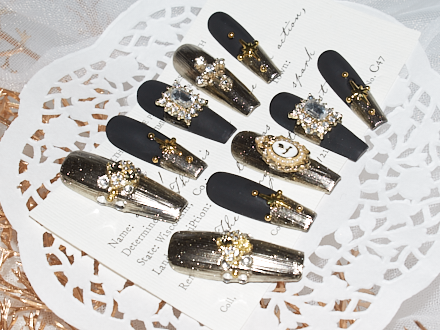 Dark Ages Splendor | Black Matte Nails With Rhinestones