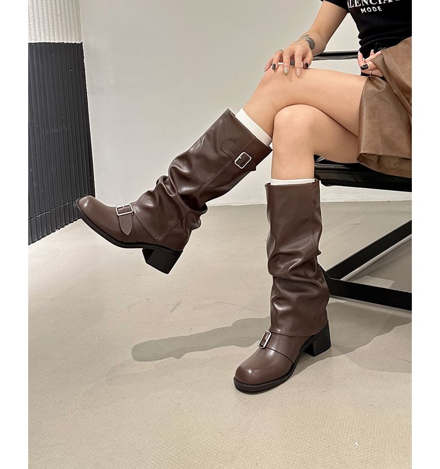 Women's  Pleated Low Heel Casual Leather Long Boots
