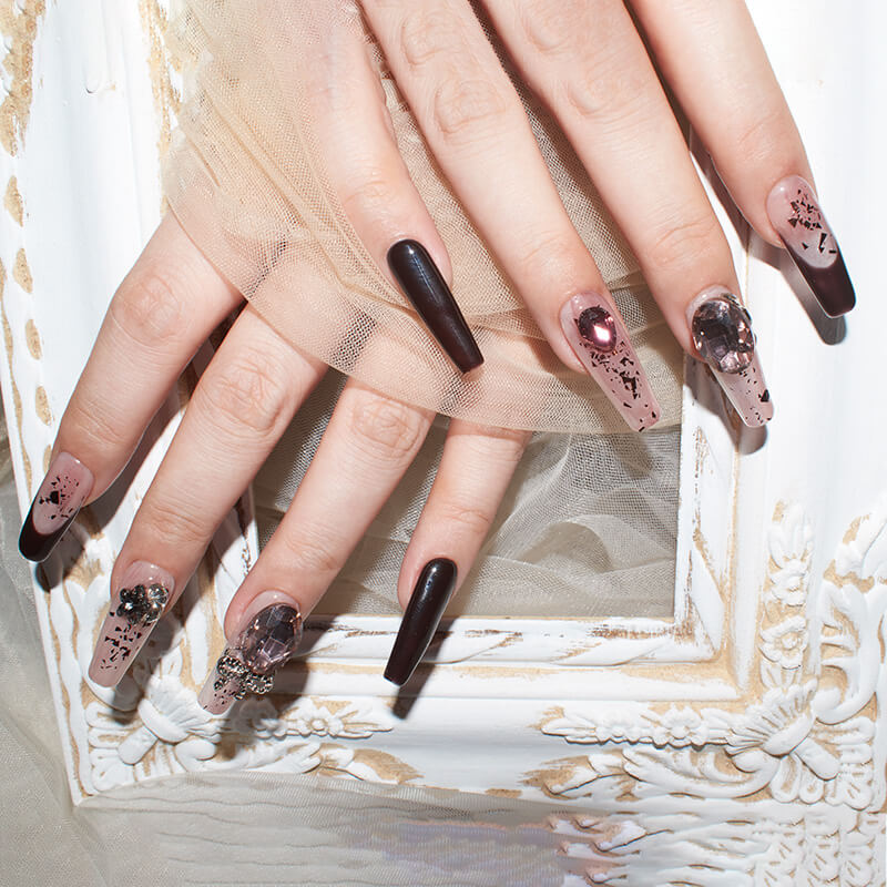 Burgundy Blush | Elegant Long Coffin Press-On Nails with Glitter and Gem Accents – Reusable & Easy Application
