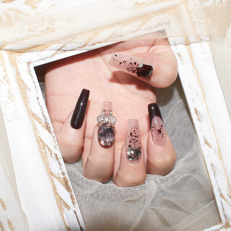 Burgundy Blush | Elegant Long Coffin Press-On Nails with Glitter and Gem Accents – Reusable & Easy Application