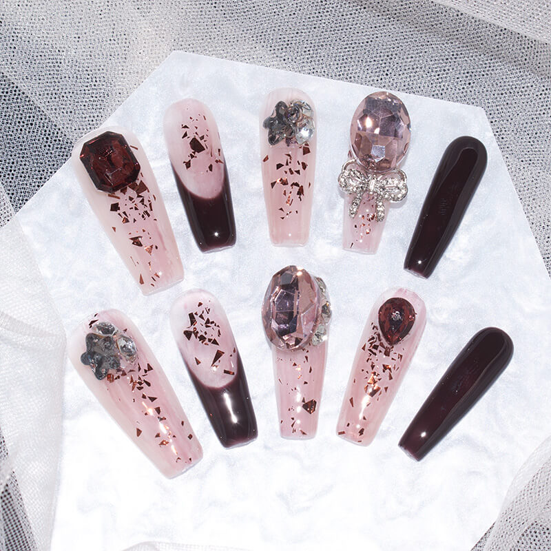 Burgundy Blush | Elegant Long Coffin Press-On Nails with Glitter and Gem Accents – Reusable & Easy Application