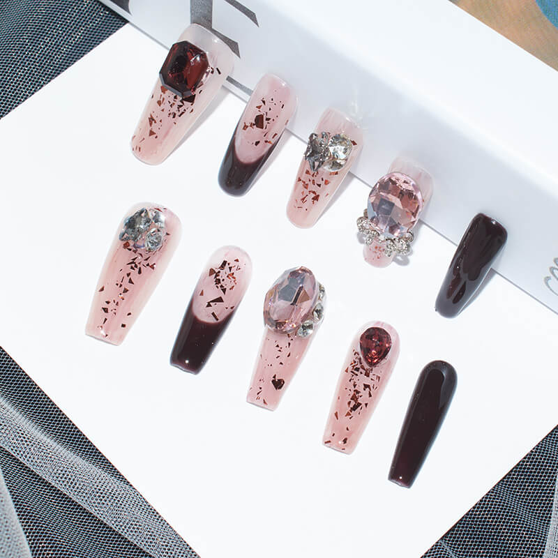 Burgundy Blush | Elegant Long Coffin Press-On Nails with Glitter and Gem Accents – Reusable & Easy Application