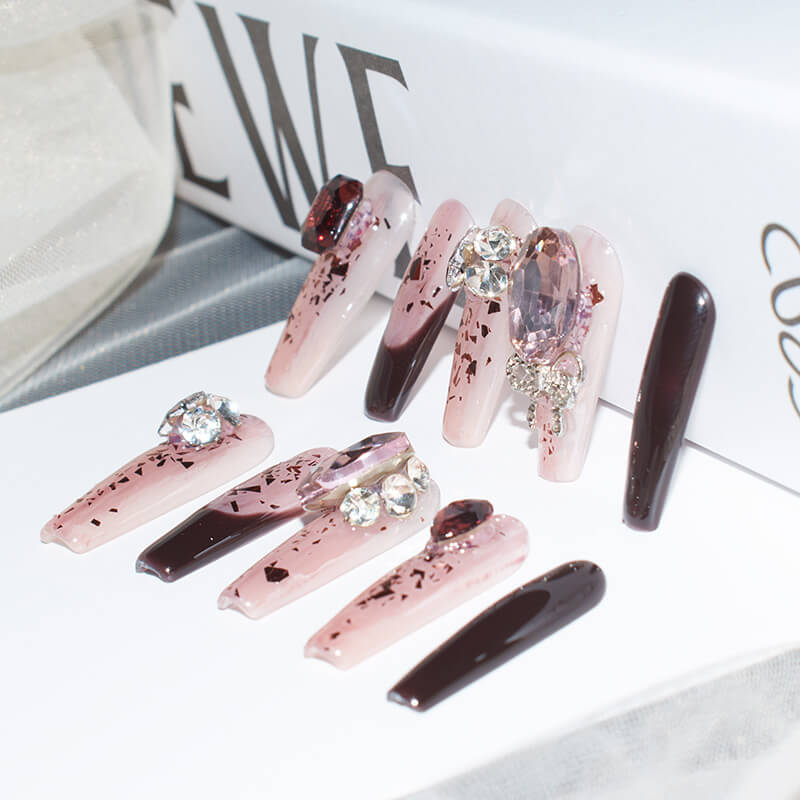 Burgundy Blush | Elegant Long Coffin Press-On Nails with Glitter and Gem Accents – Reusable & Easy Application