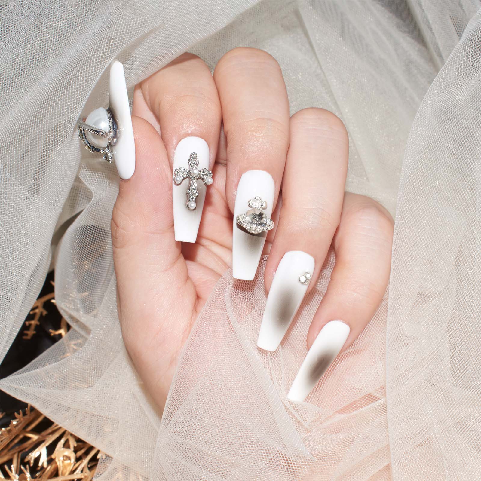 Crostar Navy Elegance Handmade 3D Coffin Shape Press-On Nails with Pearl and Y2K Design