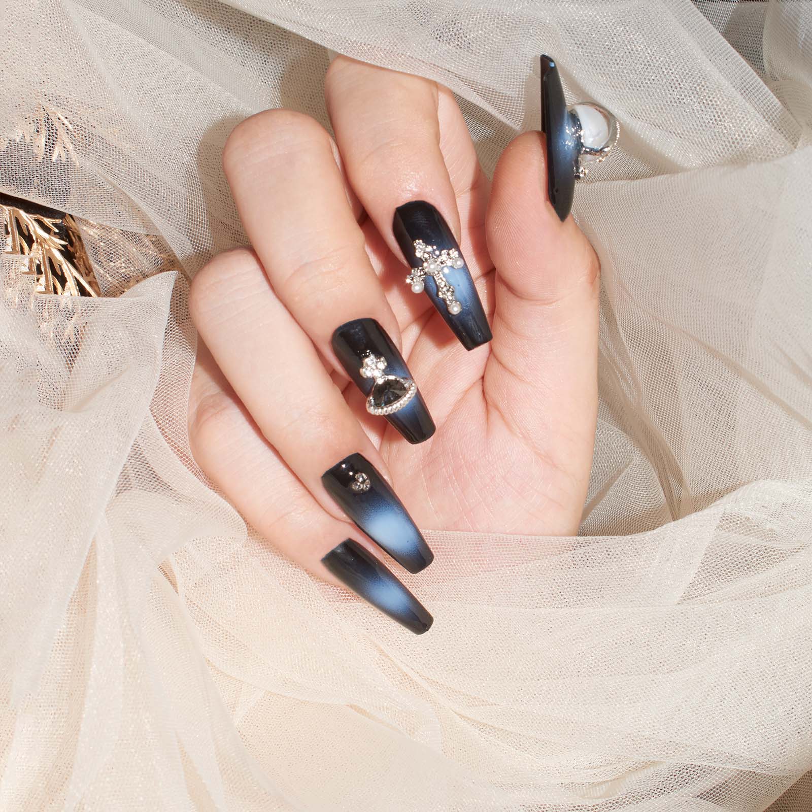 Crostar Navy Elegance Handmade 3D Coffin Shape Press-On Nails with Pearl and Y2K Design