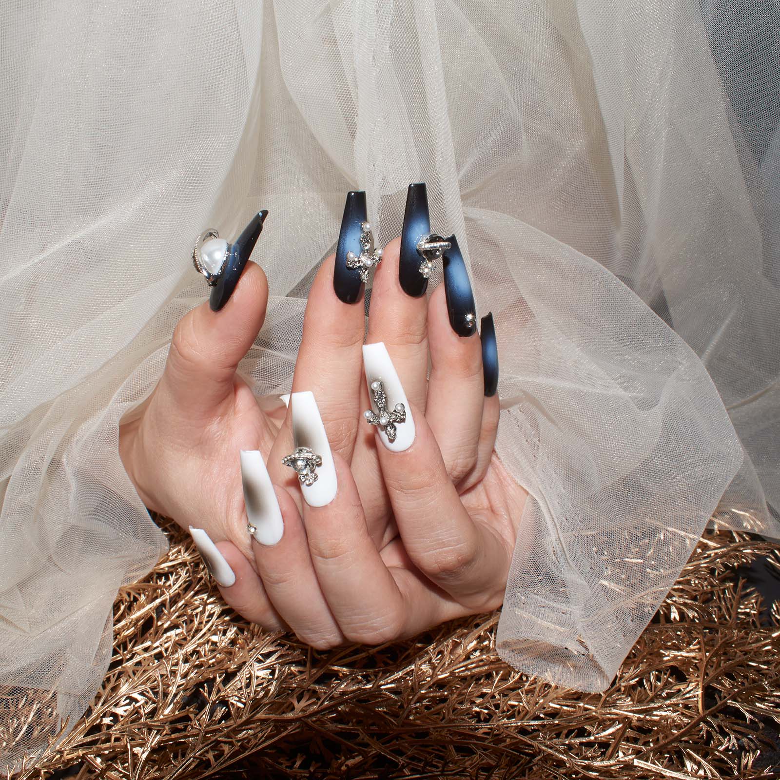 Crostar Navy Elegance Handmade 3D Coffin Shape Press-On Nails with Pearl and Y2K Design