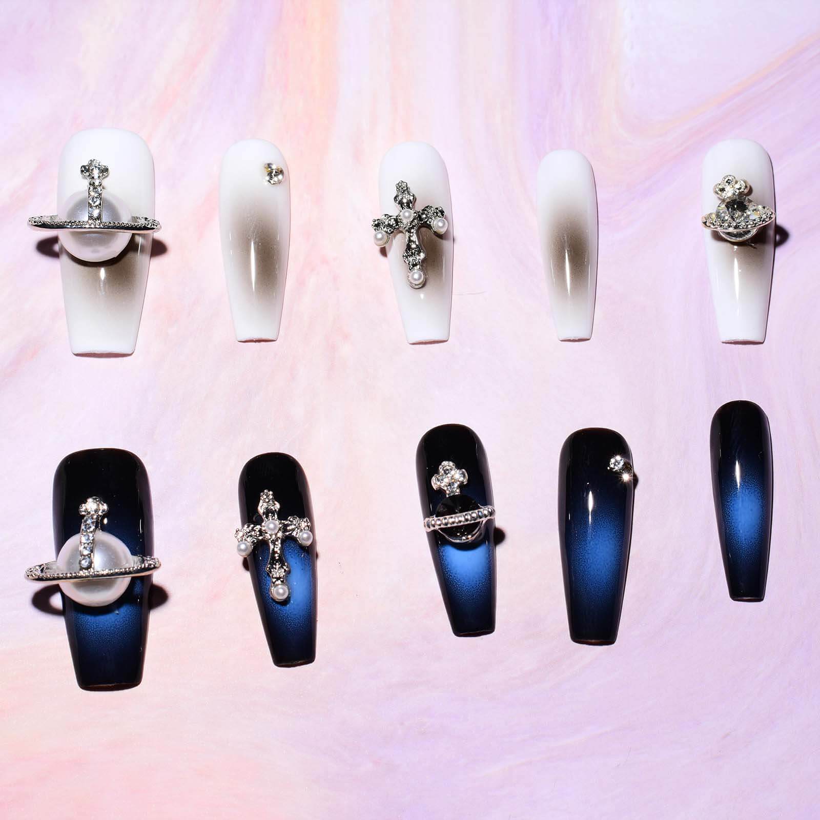 Crostar Navy Elegance Handmade 3D Coffin Shape Press-On Nails with Pearl and Y2K Design