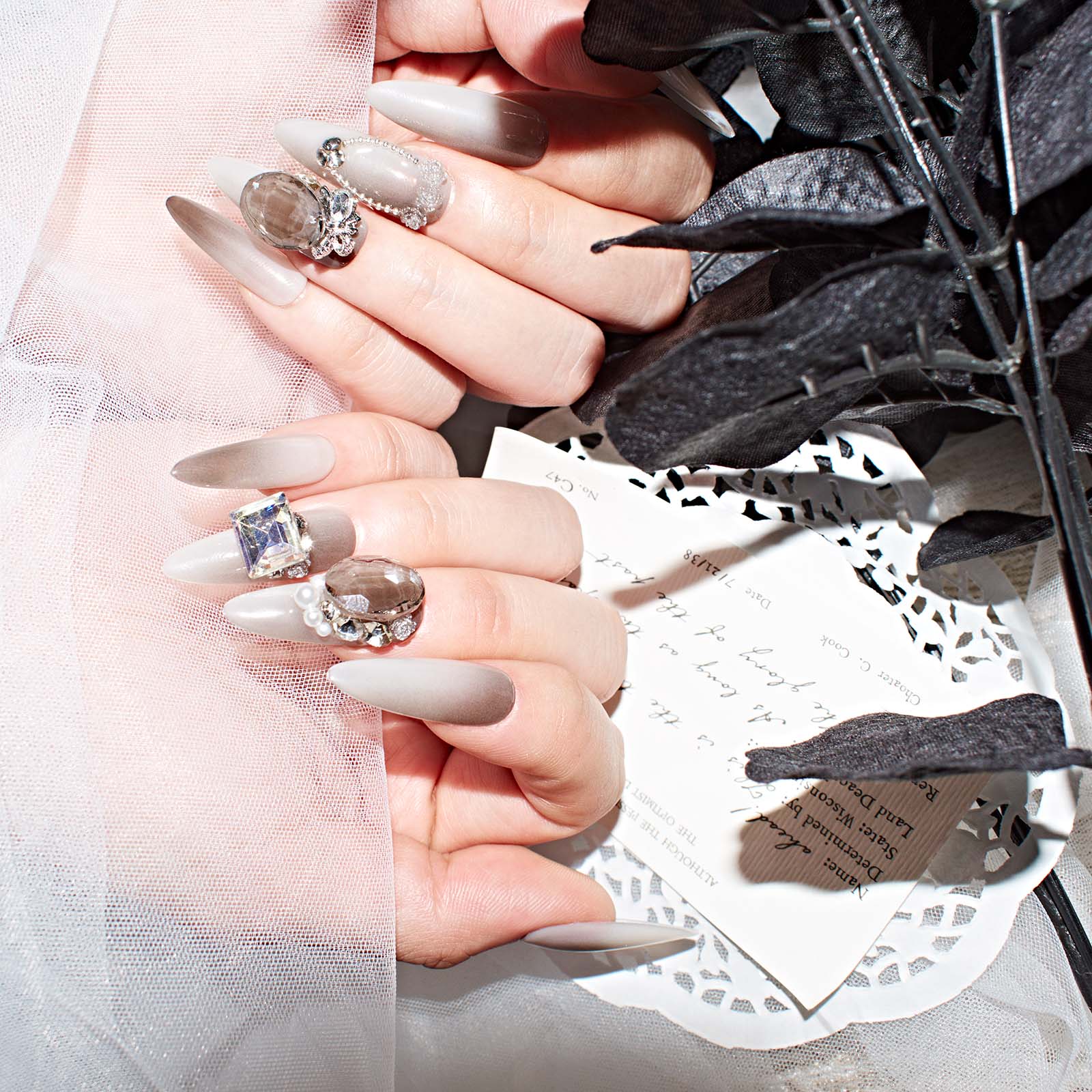 Elegant Stony Melody Handmade 3D Almond Shape Press-On Nails in Brown Ombre