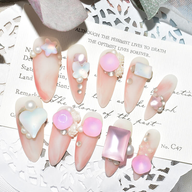 Pink Candy Matte Press-On Nails with 3D Pearl and Butterfly Accents