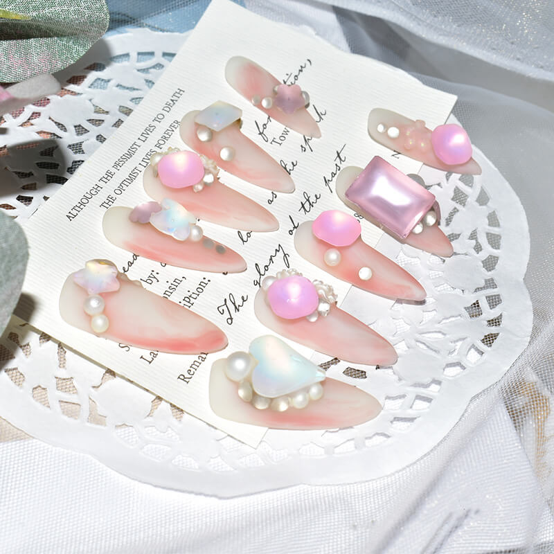 Pink Candy Matte Press-On Nails with 3D Pearl and Butterfly Accents