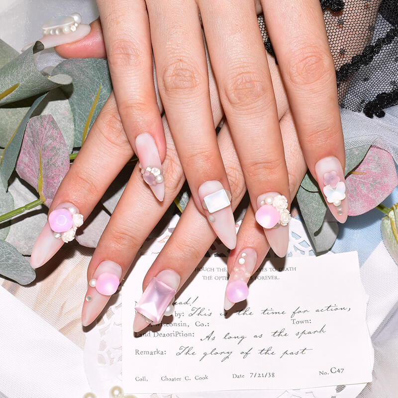 Pink Candy Matte Press-On Nails with 3D Pearl and Butterfly Accents