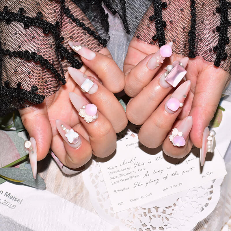 Pink Candy Matte Press-On Nails with 3D Pearl and Butterfly Accents