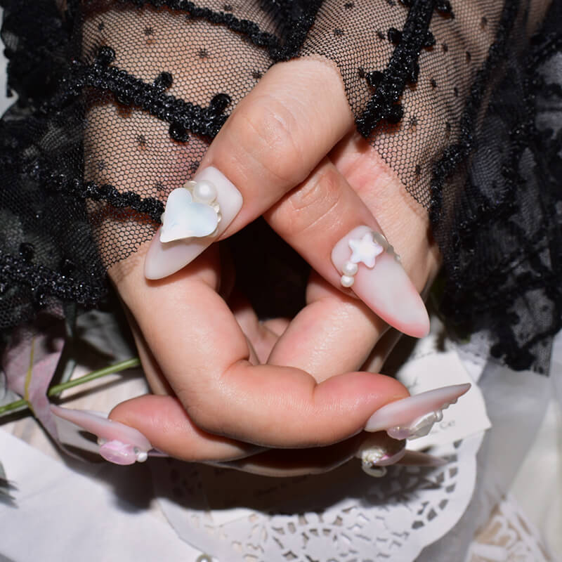 Pink Candy Matte Press-On Nails with 3D Pearl and Butterfly Accents
