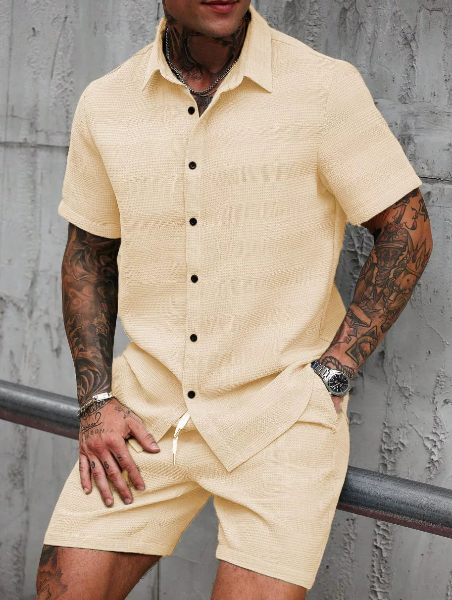 Jacquard weaving & Solid Shirt Shorts Set