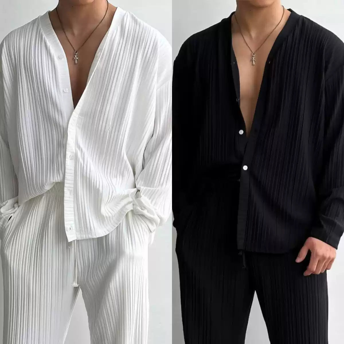 Thin Deep V Open Knit Shirt Casual 2 Piece Set