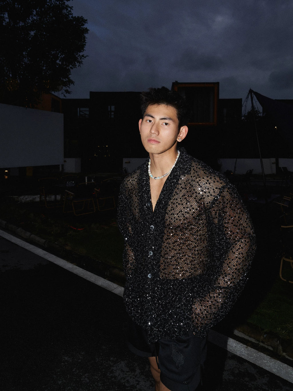Men's silver sequin cut-out long-sleeve shirt