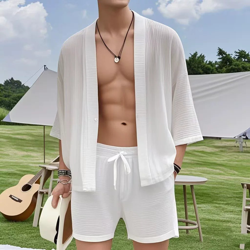 Samook Men 3/4 Sleeve Casual Shirt Two-Piece Set